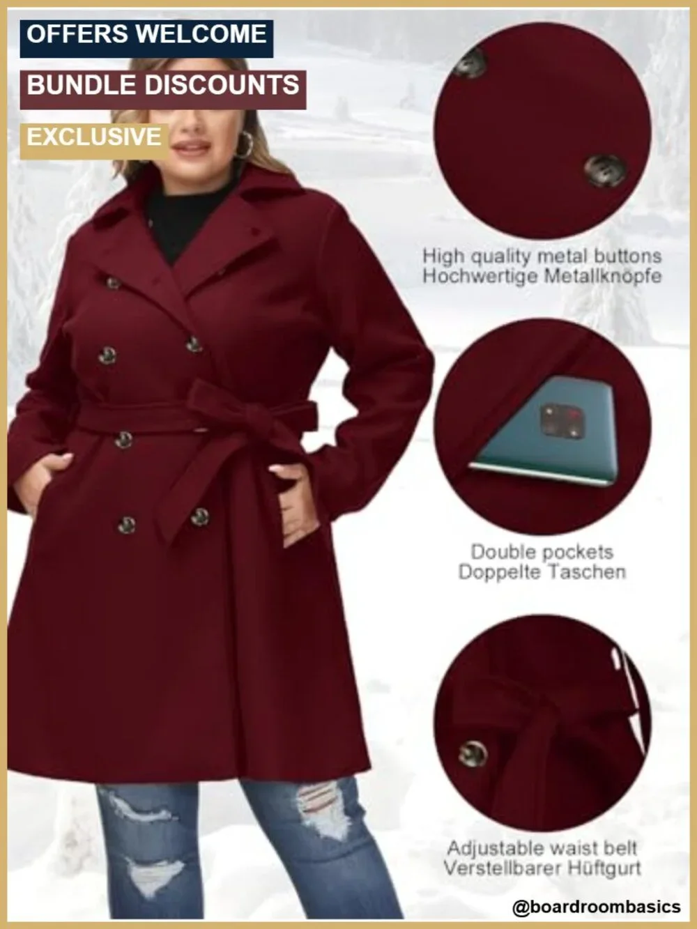 Plus Size Double Breasted Wool Blend Winter Peacoat with Belt